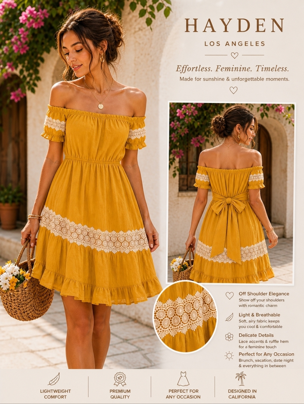 Hayden LA Mustard Cotton Lace Off-Shoulder Medium Dress | Boutique Chic